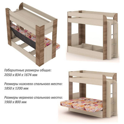 Кровать детская двухъярусная Карамель 75 Дуб Сонома (RIKKO YELLOW) желтые зигзаги