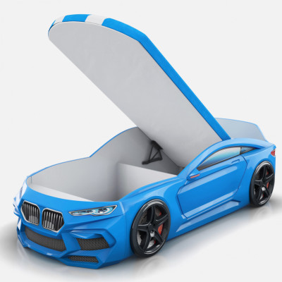 Кровать-машина Romeo-М с матрасом и ящиком для белья, голубая