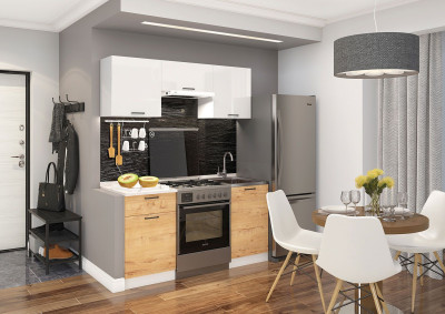 Кухонный гарнитур Дуся-2 Белый/Белый бриллиант/Дуб бунратти 1,6м