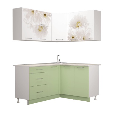 Кухонный гарнитур угловой Флоренс ГРИН 1400*1600м МДФ белый гл/зеленый суперматовый ПФ №182 (б/с 800)