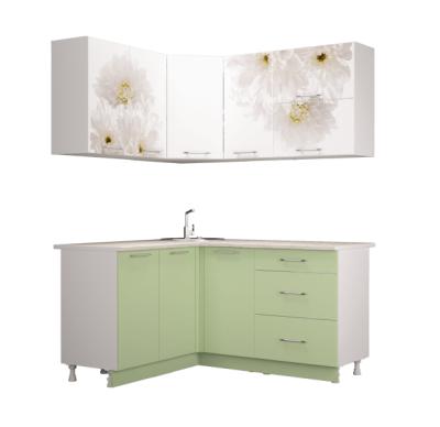 Кухонный гарнитур угловой Флоренс ГРИН 1400*1600м МДФ белый гл/зеленый суперматовый ПФ №182 (б/с 800)