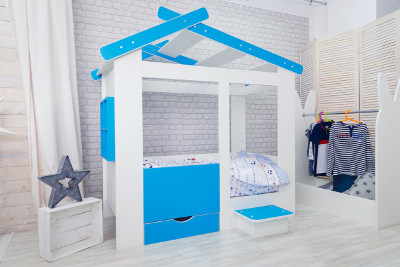 Кровать Теремок, белый-лазурь