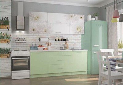 Кухонный гарнитур Флоренс ГРИН 1800м МДФ белый глянец/зеленый суперматовый ПФ №182 (б/сушки 600)