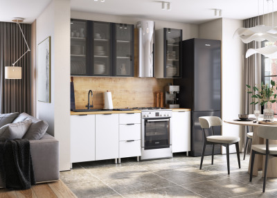 Кухня Эльза 1,6 м, белый/черный матовый шагрень/белый снег/дуб бунратти №100Ш