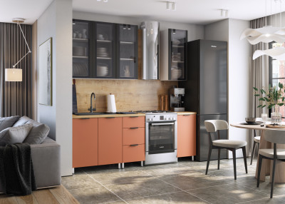 Кухня Эльза 1,6 м, белый/черный матовый шагрень/терракот/дуб бунратти №100Ш