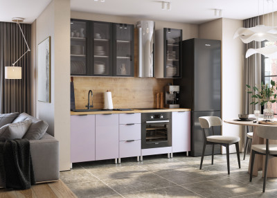 Кухня Эльза 2,2 м, белый/черный матовый шагрень/лиловый/дуб бунратти №100Ш