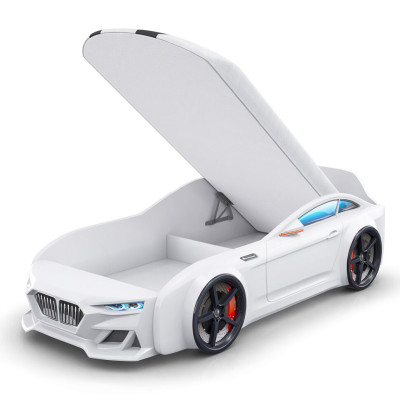 Кровать-машинка с подъемным механизмом и матрасом Dynamic-М Белый