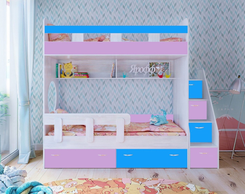 Двухъярусная кровать Юниор-1 Белое дерево + ирис/голубой