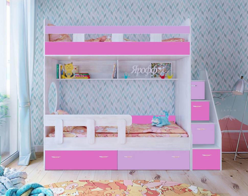 Двухъярусная кровать Юниор-1 Белое дерево + ирис/голубой