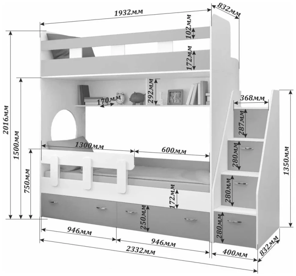 Двухъярусная кровать Юниор-1 Белое дерево + ирис/голубой