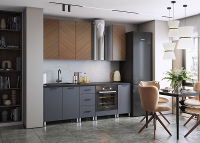 Кухня Тринити, 2,2 м, белый/шпон орех натуральный/темный пепел/каспий черное золото №73