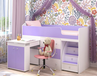 Детская кровать-чердак Малыш, Белое дерево/Ирис