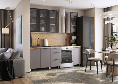 Кухня Эльза 1,6 м, белый/черный матовый шагрень/смоки/дуб бунратти №100Ш