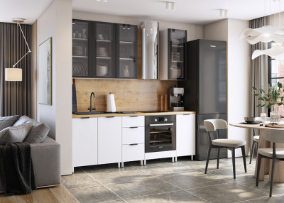 Кухня Эльза 2,2 м, белый/черный матовый шагрень/белый снег/дуб бунратти №100Ш